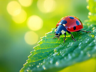 Naklejka premium Close-up of a ladybug on a green leaf with droplets