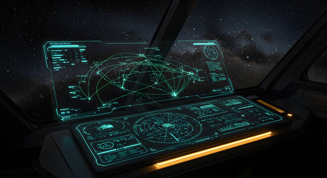 Futuristic spaceship cockpit interface with advanced technology displays on transparent background
