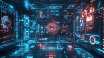 A futuristic virtual world filled with glowing tech objects, holograms, and advanced AI systems.