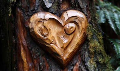 Heart-shaped wooden carving embedded in a tree trunk surrounded by lush greenery in a serene forest