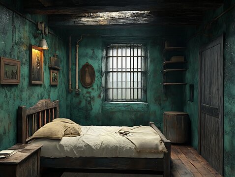 Prison cell bedroom interior scene