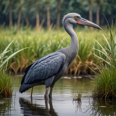 Fototapeta premium watercolor of a shoebill stork standing motionless in a Ugandan swamp