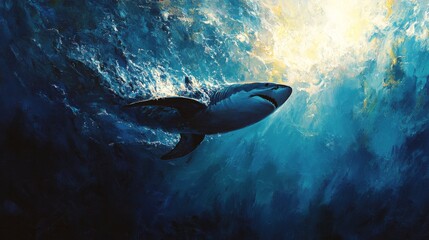 Fototapeta premium Majestic shark swimming through crystal clear blue waters of the ocean at dusk