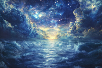 A breathtaking digital painting of a starlit sky over a turbulent ocean, evoking a sense of wonder and mystery.