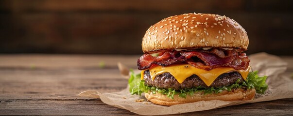 A crispy bacon cheeseburger with melted cheddar, fresh lettuce, and a sesame seed bun on rustic paper over a wooden table. Perfect for food menus, ads, and restaurant promotions