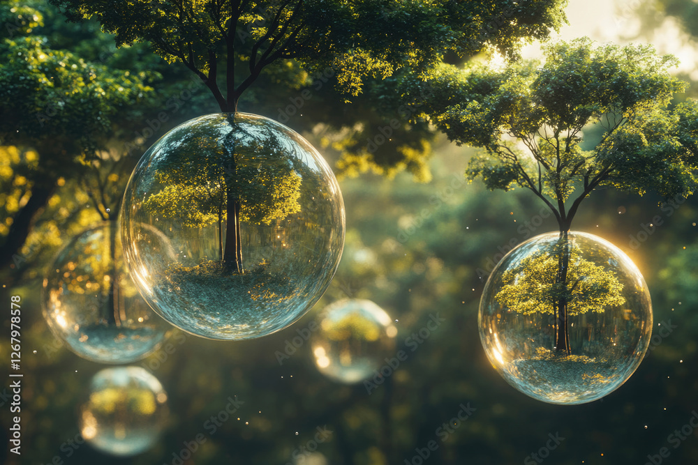 Poster Enchanted forest scene with trees encased in transparent orbs, creating a magical, surreal atmosphere.