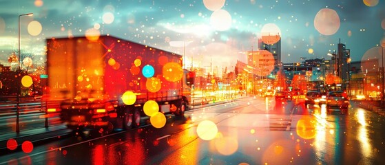 Fototapeta premium Vibrant Urban Night Scene with Moving Truck and Bokeh Lights in Rainy Weather on City Street