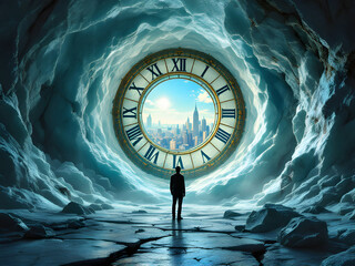 A surreal scene of a person standing before a clock portal leading to a cityscape, evoking a timeless journey.