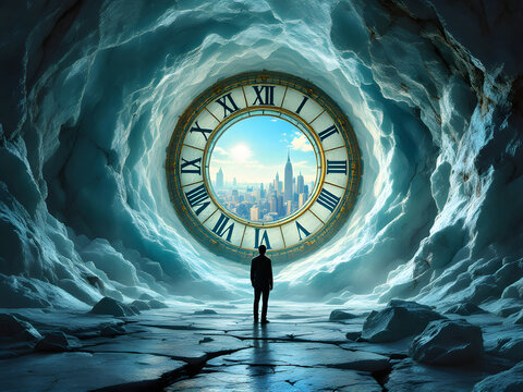 A surreal scene of a person standing before a clock portal leading to a cityscape, evoking a timeless journey.