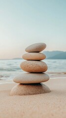 Fototapeta premium Stacked stones create peaceful balance on sandy beach at sunset