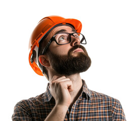 Thoughtful engineer in safety helmet contemplating, pensive architect seeking solutions, professional builder deep in project planning, construction manager expressing careful consideration isolated