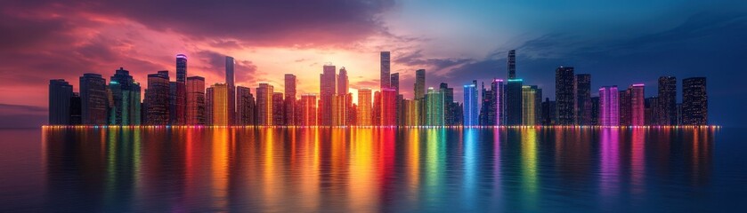 Obraz premium A vibrant skyline at sunset, reflecting colorful lights on water, showcasing modern architecture against a dramatic sky.