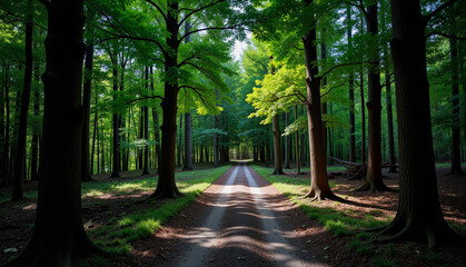 Fototapeta premium Scenic dirt road surrounded by lush green trees