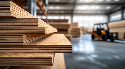 Obraz premium Engineered wood panels with rich wood grain patterns, neatly stacked in a factory warehouse, with forklifts and shelves visible in the background.