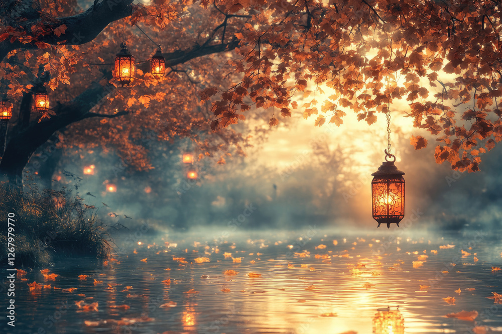 Poster enchanted autumn scene: glowing lanterns hang from a tree over a tranquil lake, surrounded by fallin
