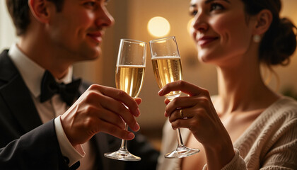 Couple toasting with champagne in cozy evening setting  
