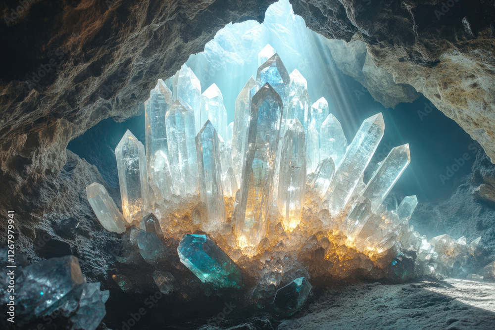 Poster a breathtaking cave filled with luminous quartz crystals, illuminated by sunlight filtering through 