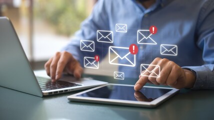 Person managing emails on a laptop and a tablet
