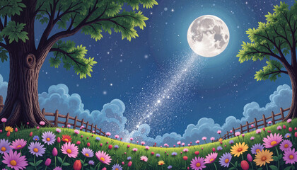 Moonlit glade with sparkling fairy dust, magical fantasy scenery
