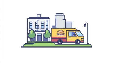 Naklejka premium Urban food truck parked in front of office buildings