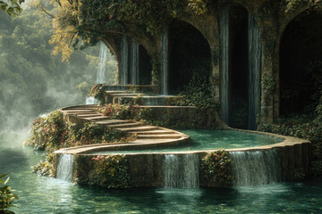 Serene waterfalls cascade down stone steps, nestled within a lush, mystical grotto.
