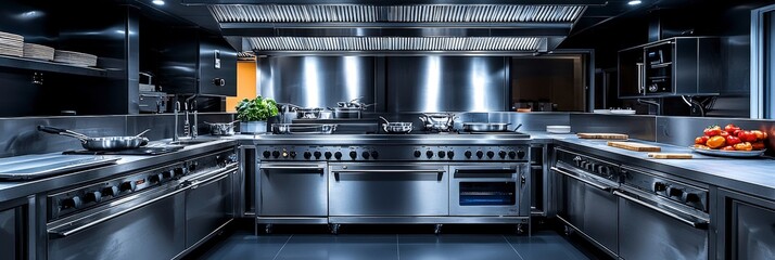 An elegant black kitchen with high-end professional equipment, showcasing a clean and organized space ideal for culinary creativity and precise cooking.