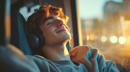 Young man enjoying music and relaxation during a sunny bus ride
