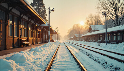 Fototapeta premium Winter train station with snowy tracks at sunrise 