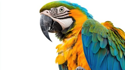 Fototapeta premium Exotic parrot with vibrant feathers perched confidently on a white background.