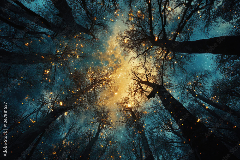 Aufkleber a mesmerizing view of a starry night sky seen through the branches of a forest, creating an enchanti