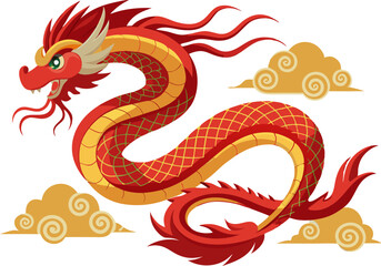 Obraz premium Cute dragon, snake seamless horizontal border pattern design with beautiful scene background swirl clouds, mountain, and wavy sea lines. Chinese decorative elements. 