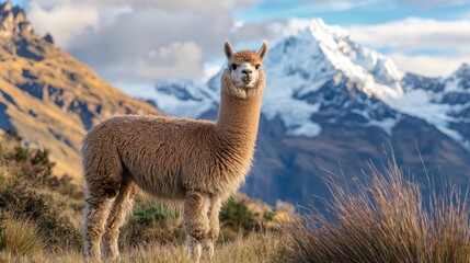 Friendly alpaca standing in a high-altitude meadow, surrounded by the Andes mountains.