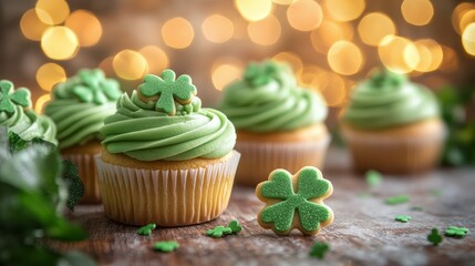 Green cupcakes decorated with shamrock designs for St Patrick's Day celebration