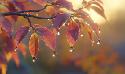 Vibrant autumn leaves glistening with morning dew in a serene natural landscape