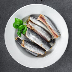 Sardines salted fish delicious gourmet food background on the table rustic food top view copy space vegetarian food pescetarian diet
