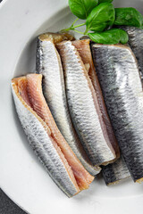 Sardines salted fish delicious gourmet food background on the table rustic food top view copy space vegetarian food pescetarian diet