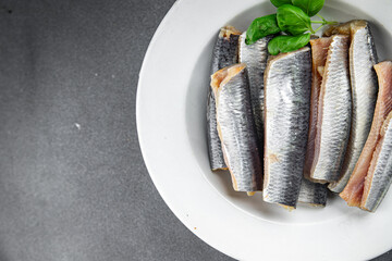 Sardines salted fish delicious gourmet food background on the table rustic food top view copy space vegetarian food pescetarian diet