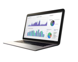A laptop displaying financial diagrams and market trends.