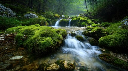 Obraz premium National Geographic A crystal-clear mountain spring flowing through moss-covered rocks.