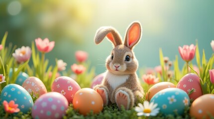 Fototapeta premium Charming Easter Bunny decoration surrounded by colorful eggs and spring flowers