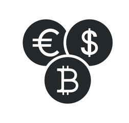 black and white  euro,  dollar and bitcoin currency symbol icons vector illustration