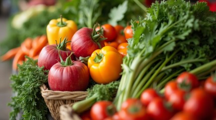Close-up of a beautifully arranged agricultural produce display featuring colorful vegetables and fruits