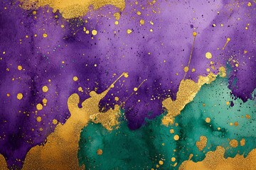 Mardi Gras Background Abstract Purple Teal and Gold Watercolor Texture with Glitter Splashes
