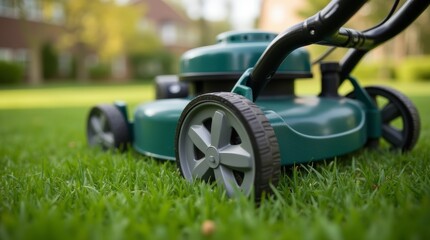 Fototapeta premium push lawn mower handle and wheels on freshly cut grass