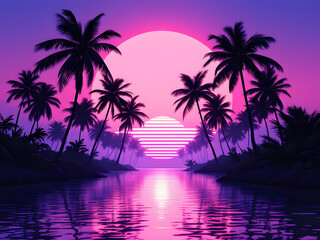 Fototapeta premium A vibrant neon sunset with palm trees, reflecting on water in a tropical paradise setting.