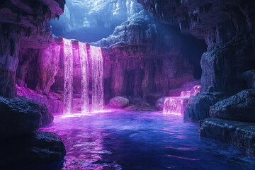 Enchanted cave with vibrant purple waterfalls cascading into a serene pool, creating a magical, ethereal atmosphere.