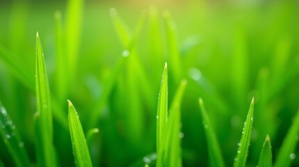 Close-up of freshly cut grass blades with dew drops, emphasizing the freshness and vitality of a well-maintained lawn