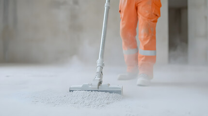 Construction worker cleaning up dust on the floor. Professional cleaning. Cleaning in process. Builder in orange uniform cleans construction debris with a vacuum cleaner.