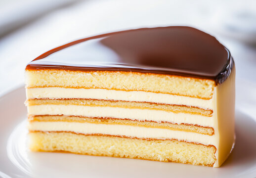 Layers of creamy dessert with glossy chocolate topping served on a white plate