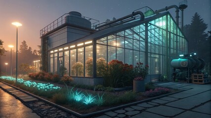 Exploring a high-tech ai-controlled greenhouse with glowing bioluminescent plants under artificial light